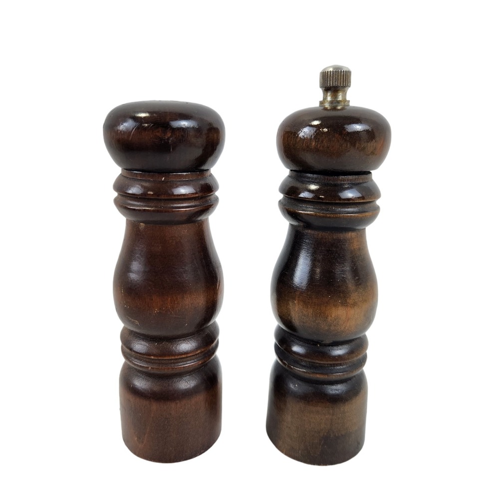 Vtg 60s Wood Salt Shaker & Pepper Mill Grinder Dark Stain Made in Japan 5"